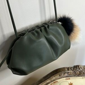 Green Leather Pouch Shoulder Bag with Fox Fur Key Charm